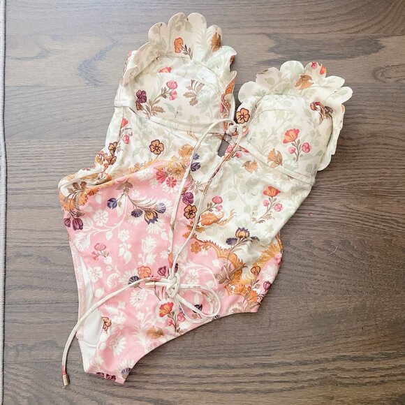 Zimmermann Laurel Wire Frill Halter One Piece Pink Floral Swimsuit Size 2 US 8 - Picture 4 of 11
